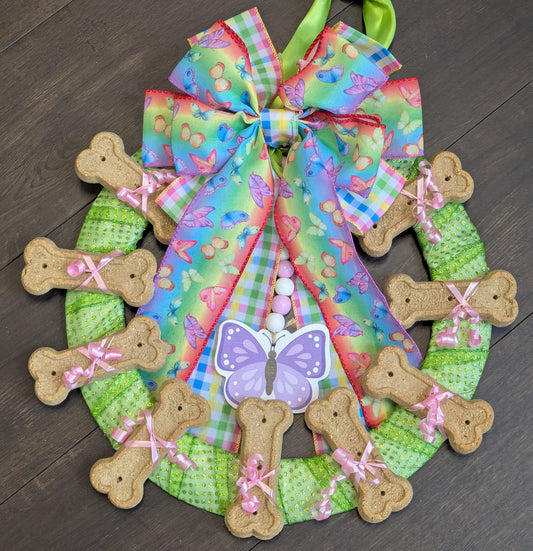 Lime and Rainbow Butterfly Dog Cookie Wreath